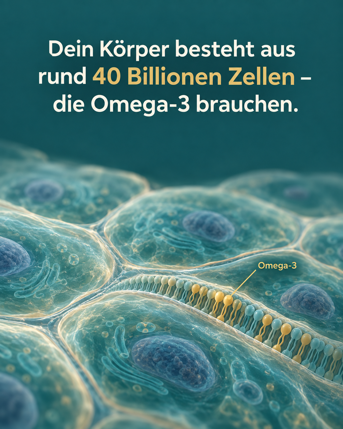 Künstlerische Darstellung verbundener Zellen mit hervorgehobenen Omega-3-Bausteinen in einer Zellmembran